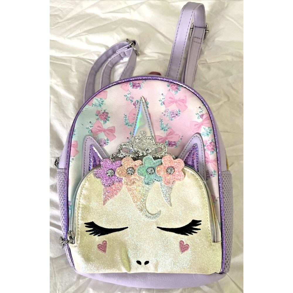 OMG Unicorn Miss Gwen Backpack Purse Purple Glitter Horn 2 Zip Pockets Floral